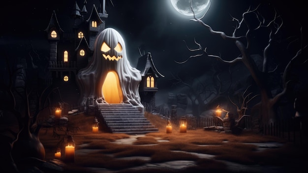 Arrière-plan d'Halloween avec une maison hantée et la pleine lune