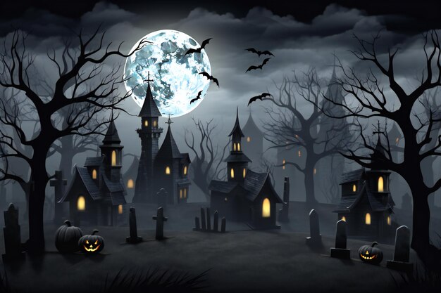 Arrière-plan d'Halloween avec une maison hantée et la pleine lune
