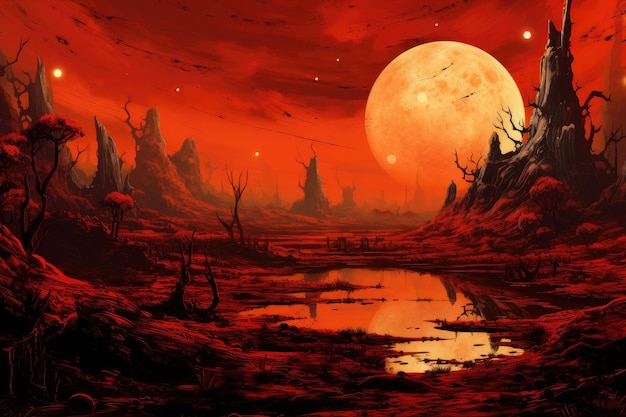 Arrière-plan d'Halloween avec pleine lune et illustration de paysage effrayant pour enfants Paysage du monde étranger en orange et rouge avec de nombreuses lunes présentées dans un style post-impressionniste