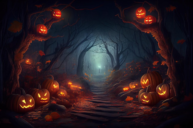 Arrière-plan d'Halloween Pumpkin effrayant avec lune et forêt sombre Design d'Helloween avec copyspace Jac