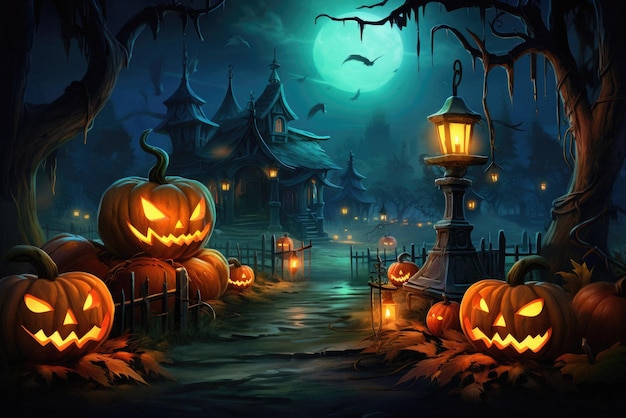 Arrière-plan d'Halloween scène effrayante citrouilles effrayantes sur le cimetière effrayant