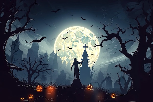 Arrière-plan d'Halloween avec des silhouettes de zombies dans le château de chauves-souris du cimetière et la forêt effrayante de la pleine lune avec des images générées par AIG