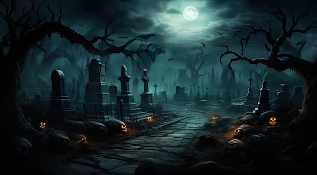 Arrière-plan d'Halloween avec de vieilles pierres tombales de cimetière effrayantes