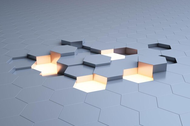 Arrière-plan d'hexagones rétro-éclairé avec rendu 3d de lumière jaune