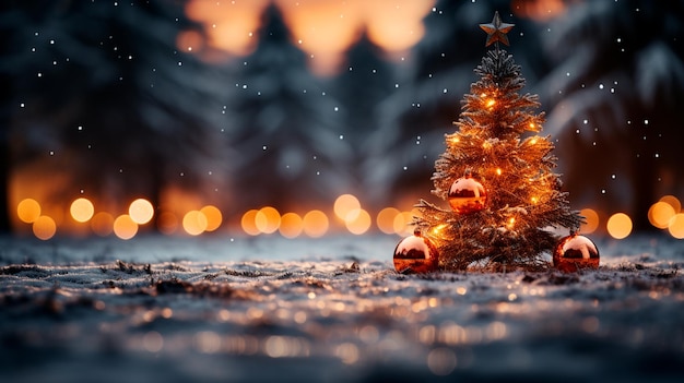 Photo arrière-plan d'hiver avec des boules de noël et un sapin