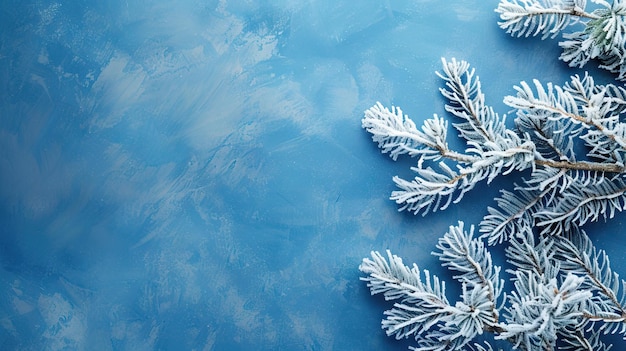 Arrière-plan d'hiver Branche de cèdre gelée sur un fond bleu