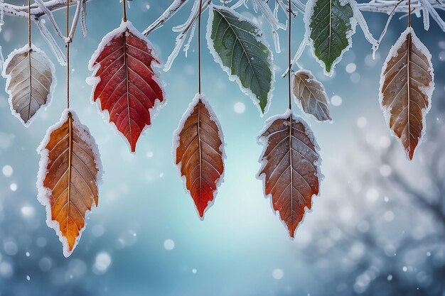 Arrière-plan d'hiver avec des feuilles gelées suspendues