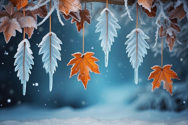 Arrière-plan d'hiver avec des feuilles gelées suspendues