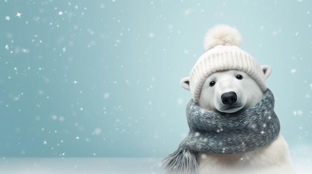 Arrière-plan d'hiver avec un ours polaire blanc dans un chapeau et une écharpe sur un fond bleu IA générative