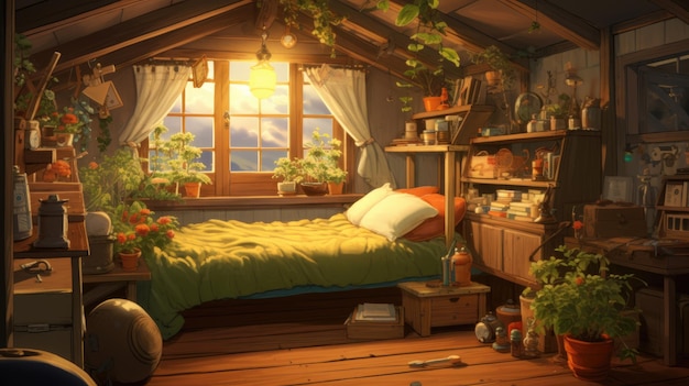 Arrière-plan de l'illustration de l'anime de la chambre à coucher confortable