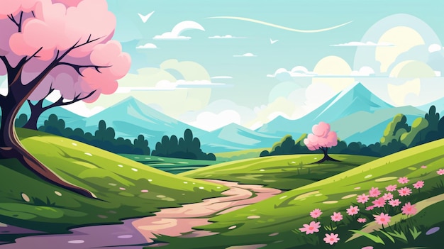Arrière-plan d'illustration de dessins animés de paysages naturels en plein air au printemps