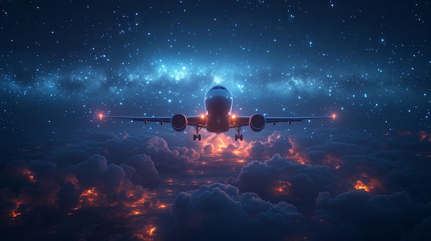 L'arrière-plan de l'illustration du concept de vacances touristiques d'avion de voyage est un avion à cadre polygonal 3D entouré de points et d'étoiles dans le ciel bleu de la nuit