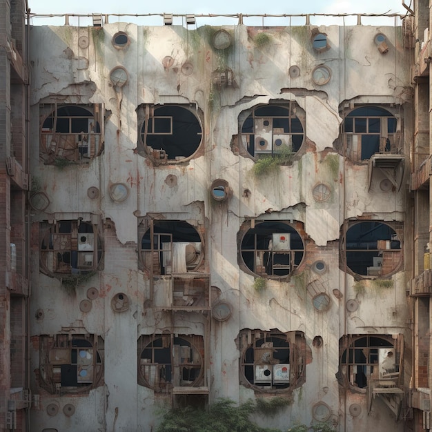 Arrière-plan industriel avec un mur en décomposition d'un bâtiment industriel Texture de surface en détresse Ruines sales