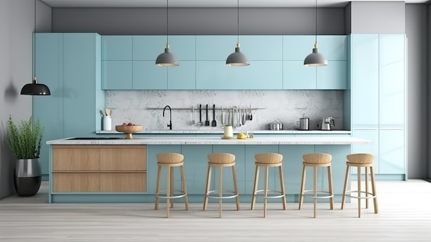 Arrière-plan intérieur de cuisine moderne panoramique rendu 3d couleur vive Ai générative