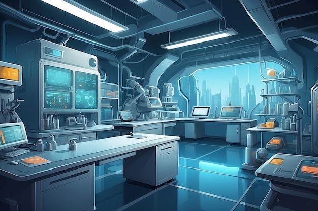 Arrière-plan intérieur de dessin animé futuriste pour un laboratoire de haute technologie