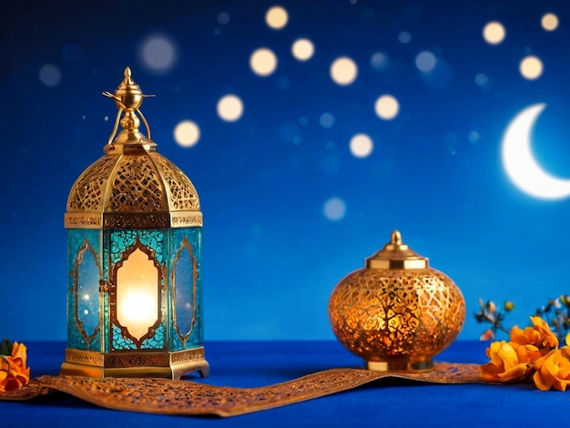 Photo arrière-plan islamique pour la célébration de l'eid ul fitr vue nocturne avec une lampe islamique