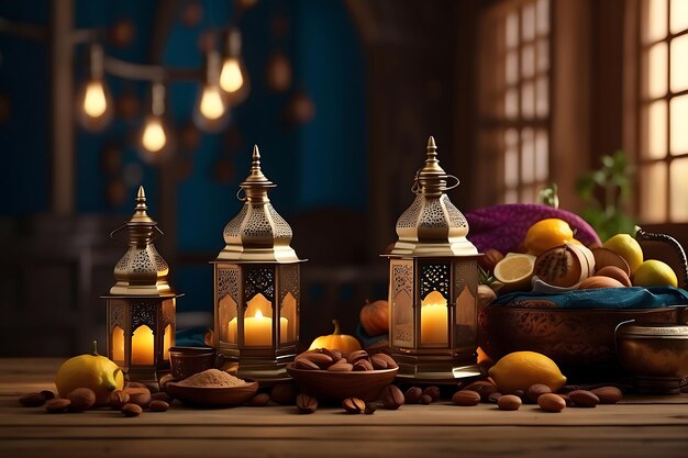 Arrière-plan islamique réaliste de Ramadan Kareem avec ornement de lune et de lanterne premium