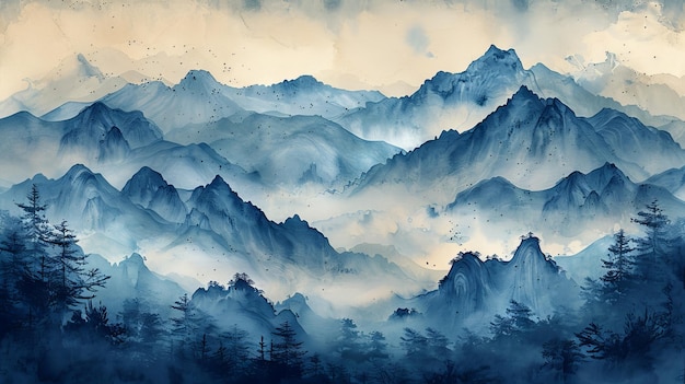 Arrière-plan japonais à vague moderne Bannière de paysage de montagne de style vintage avec texture d'aquarelle