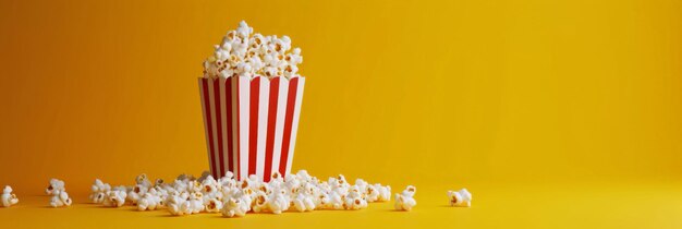 Arrière-plan jaune vif avec une boîte de pop-corn débordante créant des amateurs de cinéma minimalistes