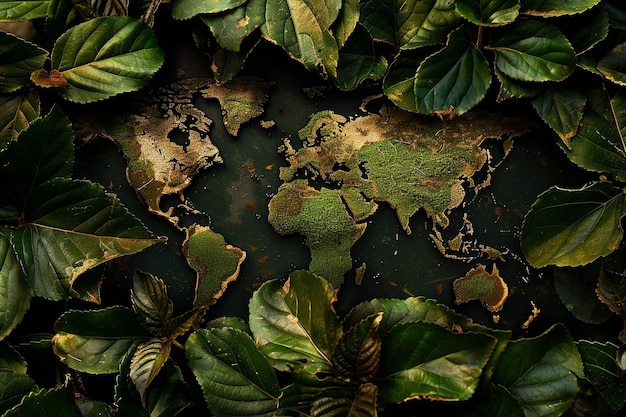 Arrière-plan de la journée mondiale de l'environnement avec une carte du monde et des feuilles