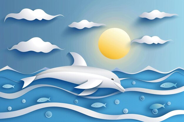 Photo arrière-plan de la journée mondiale des océans des dauphins en style découpé en papier