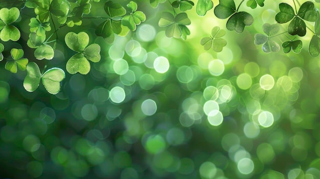 Photo arrière-plan de la journée de st. patrick avec un bokeh vert et des feuilles de trèfles pour le design