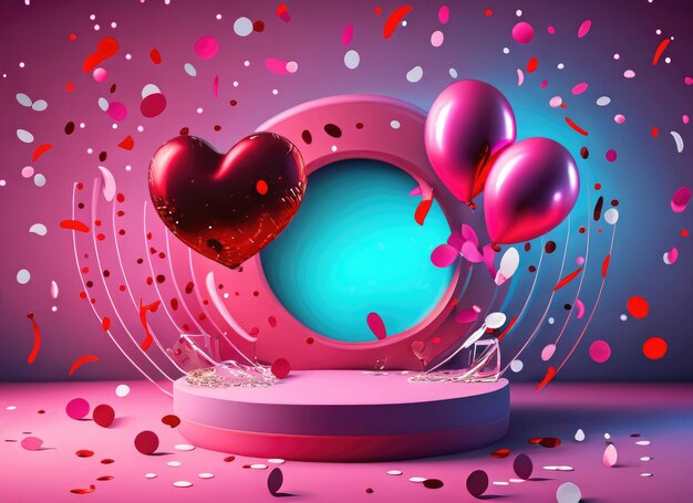 Photo arrière-plan joyeux de la saint-valentin stage 3d réaliste podium rond studio objets décoratifs festifs ballons en forme de cœur générés par ai