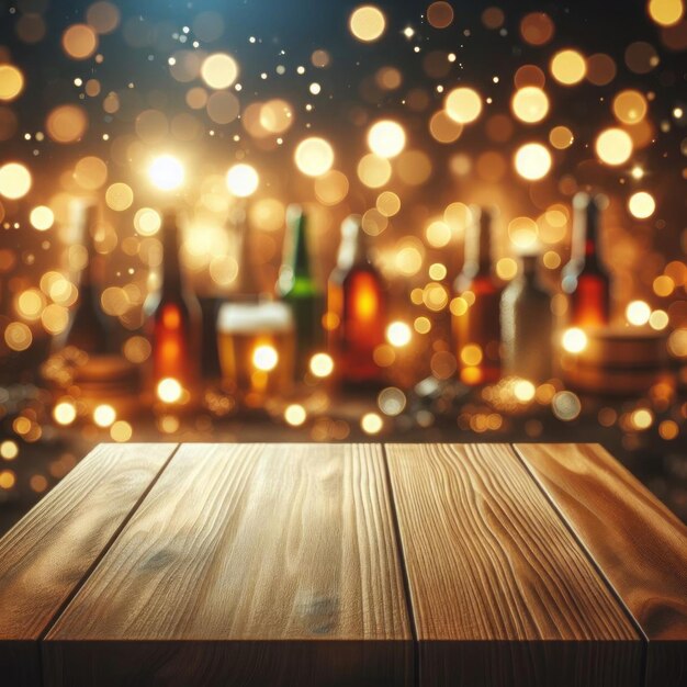 Photo arrière-plan de lumières bokeh défocalisées avec un dessus de table en bois vide modèle d'affichage du produit