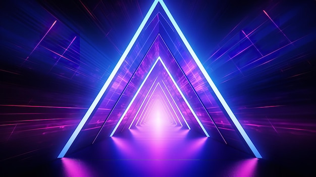 Arrière-plan lumineux au néon abstrait avec tunnel triangulaire lumières au néon violettes brillant dans un espace faiblement éclairé IA générative