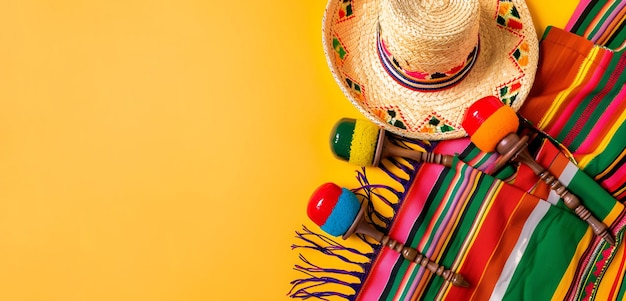 Arrière-plan lumineux du Cinco de Mayo avec des chapeaux de sombrero mexicains maracas