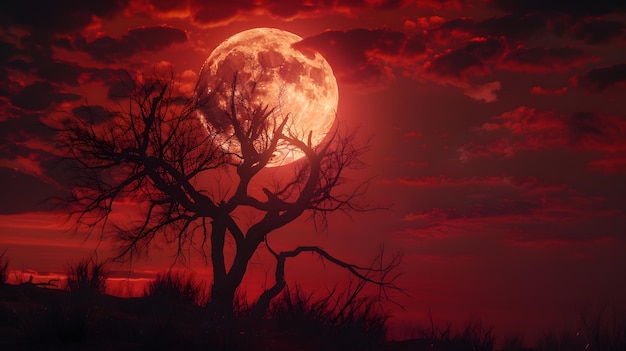 Arrière-plan de lune pleine d'Halloween avec un arbre effrayant illustration de rendu 3D