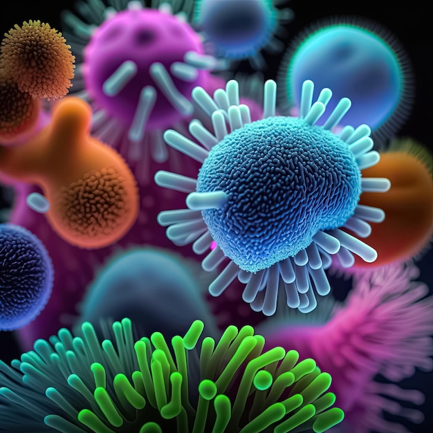 Arrière-plan avec macro prise de vue d'abstraction colorée de diverses bactéries germes et virus IA générative