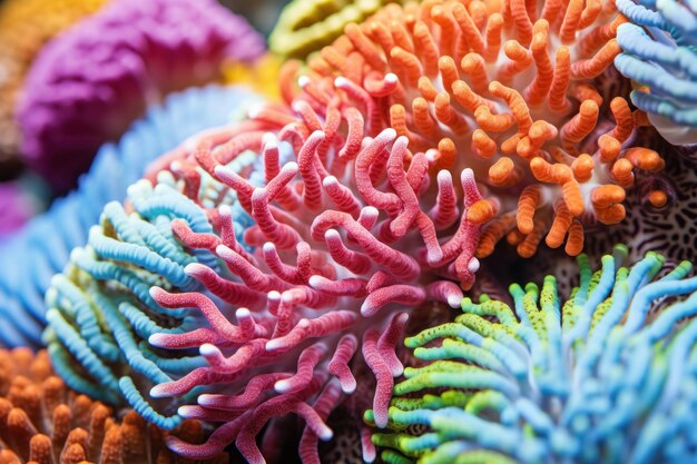 Photo arrière-plan macro avec des textures de vie marine telles que des coquilles de corail ou des algues coral marin vivant à la fleur