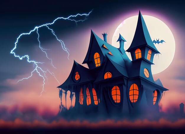 Arrière-plan de la maison de sorcières d'Halloween avec des lumières dans le ciel