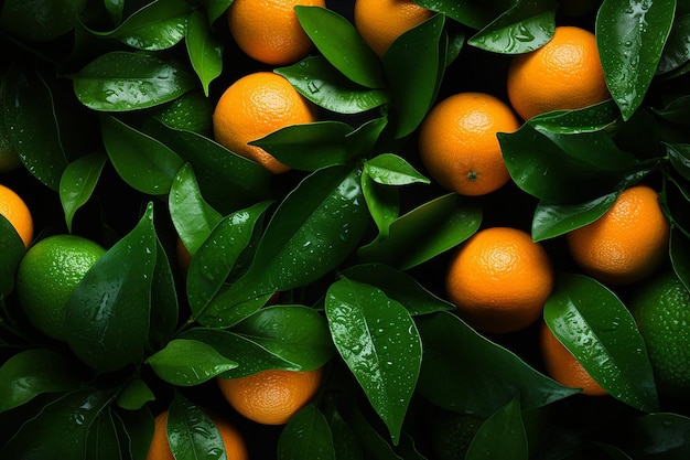 L'arrière-plan des mandarines fraîches aux feuilles vertes