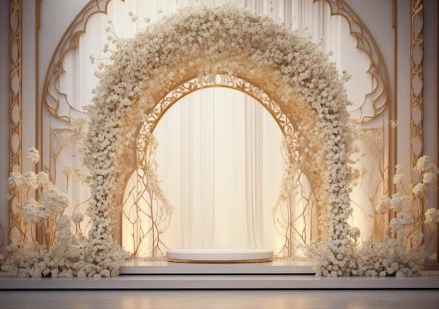 Arrière-plan de mariage blanc décoration esthétique de couronne de fleurs arrière-plan intérieur