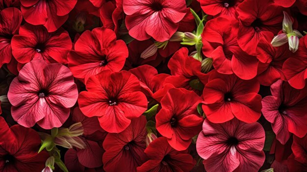 Arrière-plan d'un mélange de fleurs de pétunia rouge délicate et de feuilles vertes fraîches