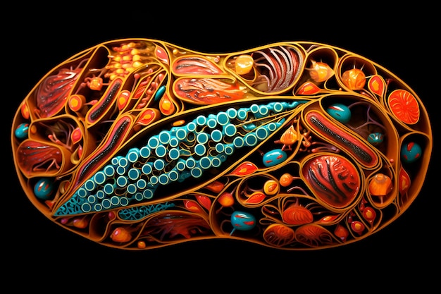 Photo arrière-plan microbiologique abstrait avec des molécules rouges et bleues dans les cellules dessin d'affiche mitochondries