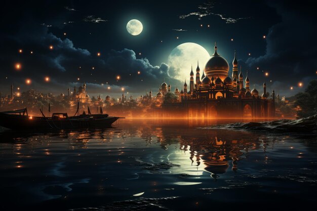 Arrière-plan moderne Ramadan Moubarak avec une mosquée Une mosquée du soir avec un croissant de lune