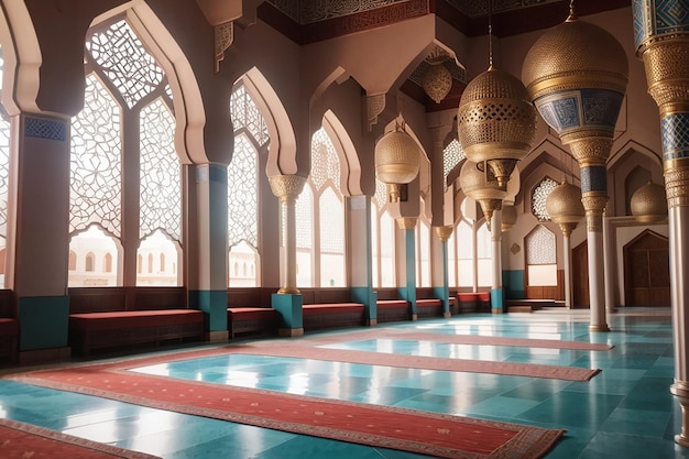 Arrière-plan de la mosquée Atmosphère islamique tranquille pour la réflexion spirituelle Architecture islamique Intérieur de la Mosquée serein