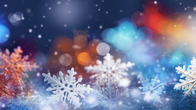 Arrière-plan multicolore de Noël à partir de macro flocons de neige