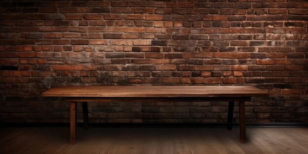 Arrière-plan de mur en brique vintage avec table en bois brun dans une pièce intérieure sombre pour le placement de produits