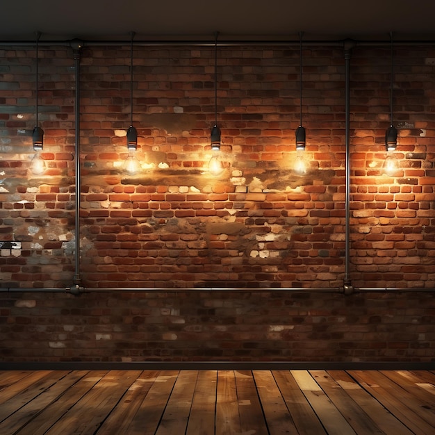 Arrière-plan mur de briques exposées avec des lumières de marqueterie vintage rétro et nos matériaux populaires créatifs