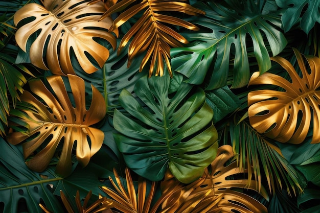 Arrière-plan de la nature créative avec des feuilles tropicales dorées et vertes