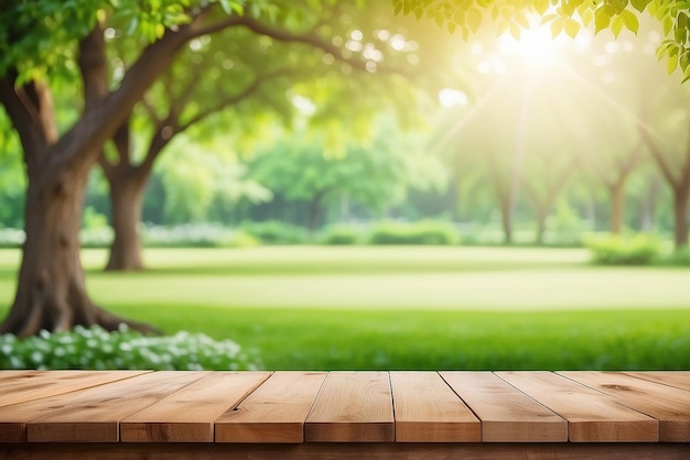 Arrière-plan nature Table en bois pour l'affichage de la nourriture et des produits au-dessus du jardin d'arbres verts flou Parc de la nature extérieur et table en bois avec fond lumineux bokeh au printemps et en été