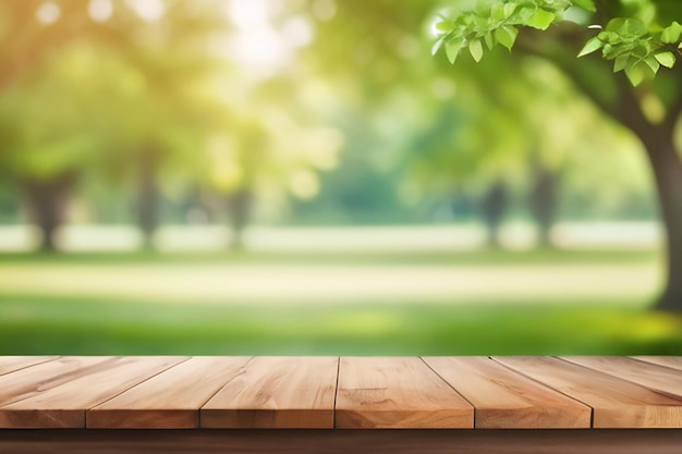 Arrière-plan de la nature Table en bois pour l'affichage de la nourriture et des produits sur le jardin d'arbres vert flou Parc de la nature en plein air et table en bois avec fond de lumière bokeh au printemps et en été