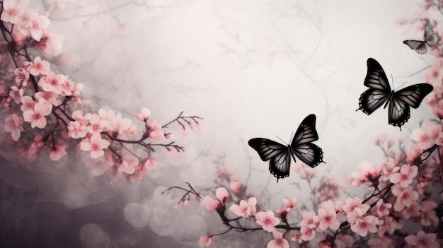 Arrière-plan naturel de printemps abstrait avec des papillons et des fleurs de prairie sombres en gros plan
