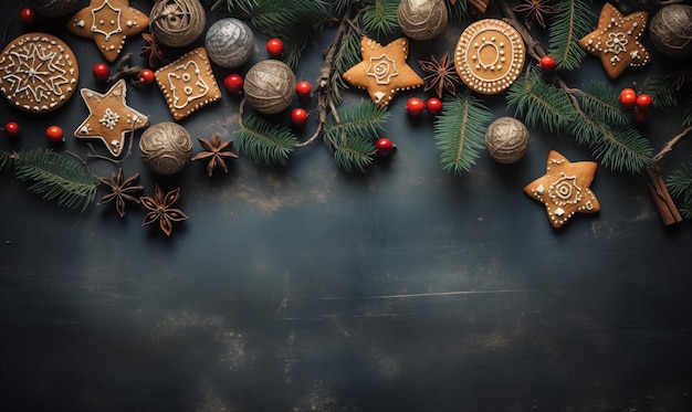 Arrière-plan de Noël avec des biscuits au pain d'épice et des branches de sapin sur une planche de bois sombre