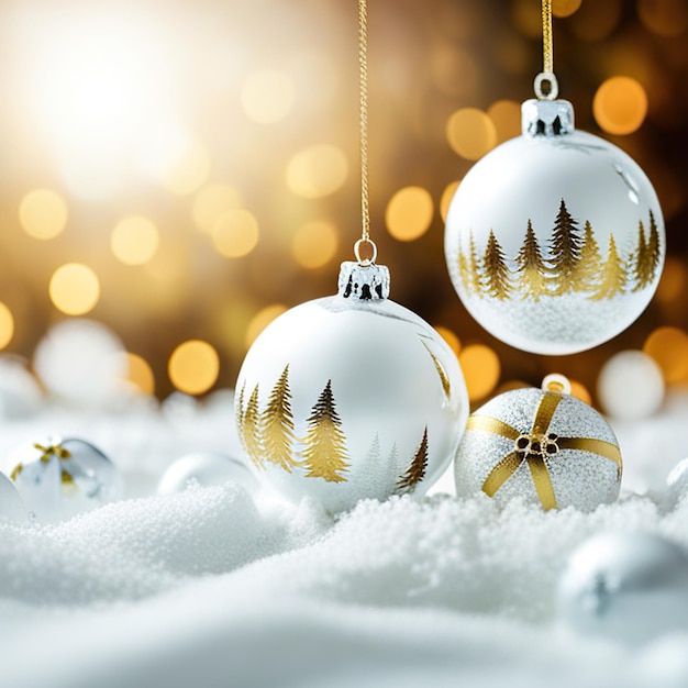 Arrière-plan de Noël blanc et doré avec des brindilles de sapin et des boules de Noël avec des flocons de neige et un soutien-gorge
