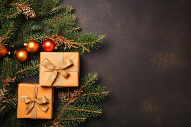 Arrière-plan de Noël Boîte à cadeaux Branches d'arbres arrière-plan coloré Texture hiver Année nouvelle